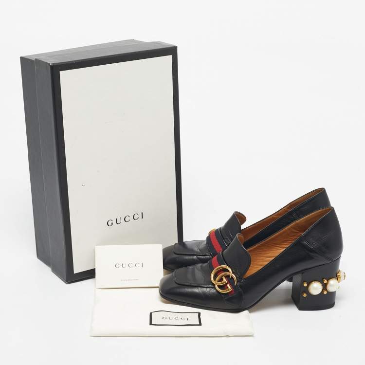 Pre Owned Gucci Black Leather GG Marmont Pearl Embellished Pumps Size 39.5