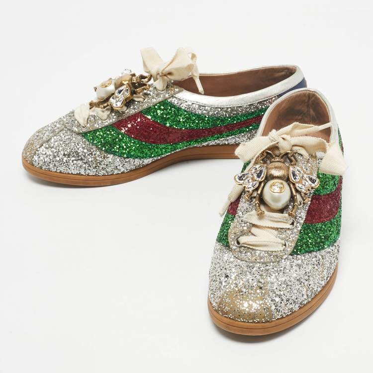 Pre Owned Gucci Silver Glitter Leather Falacer Embellished Low Top Sneakers Size 39