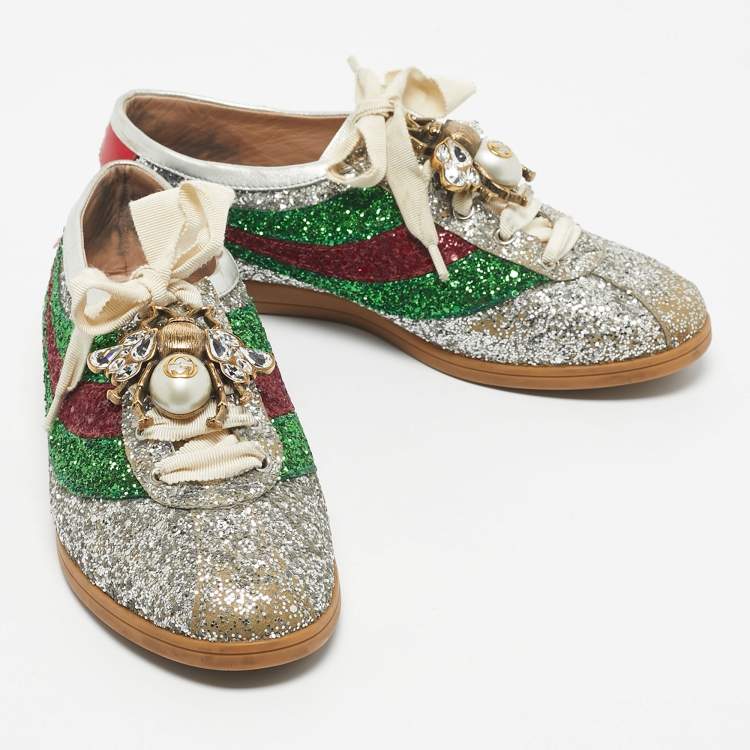 Pre Owned Gucci Silver Glitter Leather Falacer Embellished Low Top Sneakers Size 39