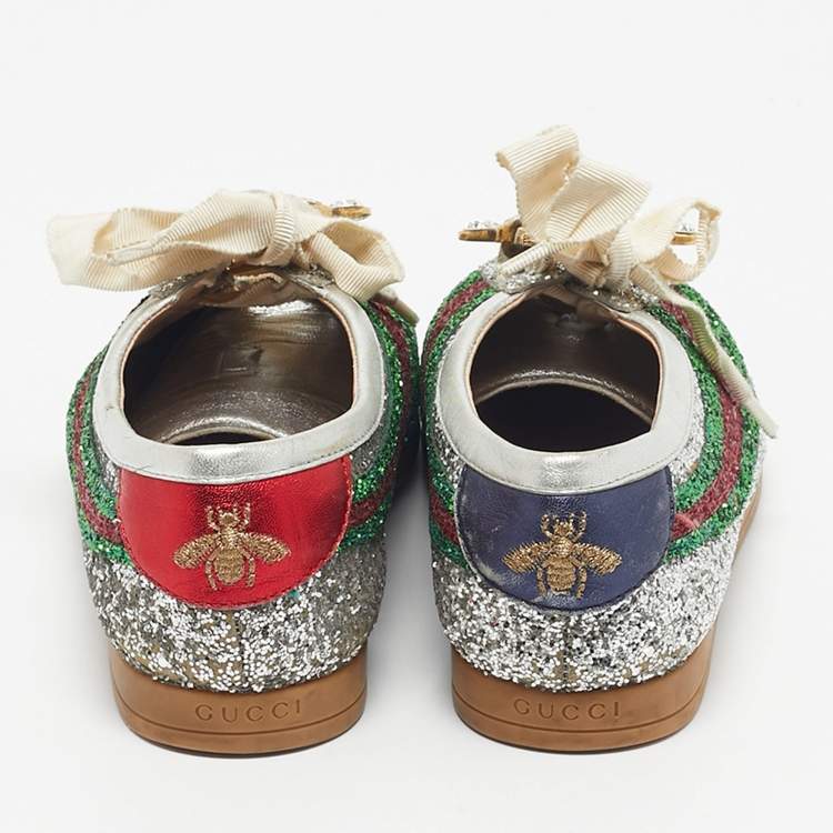 Pre Owned Gucci Silver Glitter Leather Falacer Embellished Low Top Sneakers Size 39