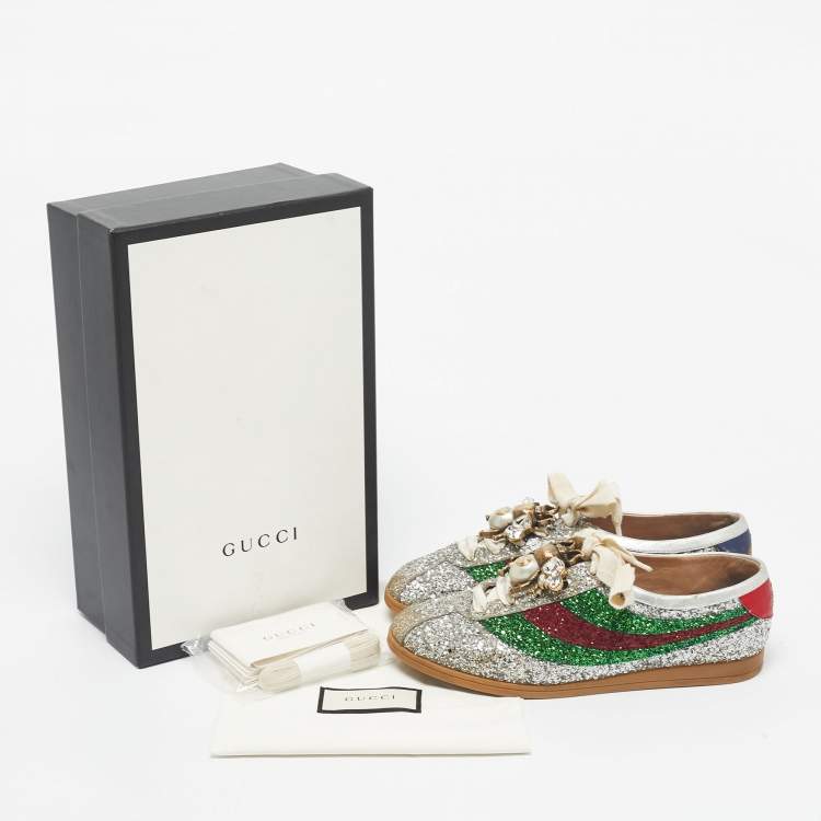 Pre Owned Gucci Silver Glitter Leather Falacer Embellished Low Top Sneakers Size 39