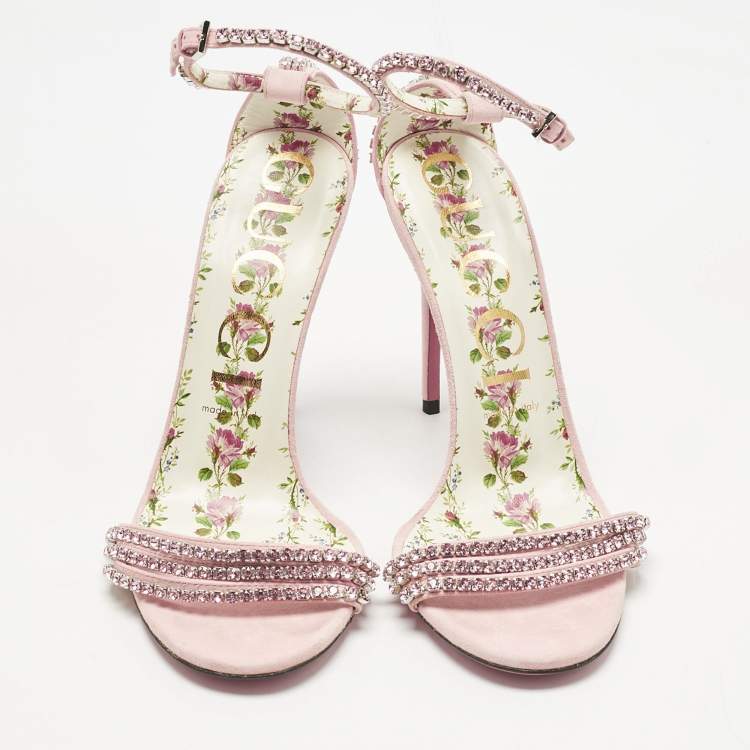 Pre Owned Gucci Pink Suede Crystal Embellished Ankle Strap Sandals Size 39