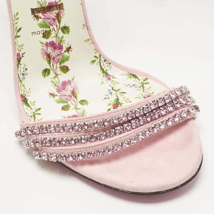 Pre Owned Gucci Pink Suede Crystal Embellished Ankle Strap Sandals Size 39