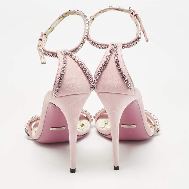 Pre Owned Gucci Pink Suede Crystal Embellished Ankle Strap Sandals Size 39