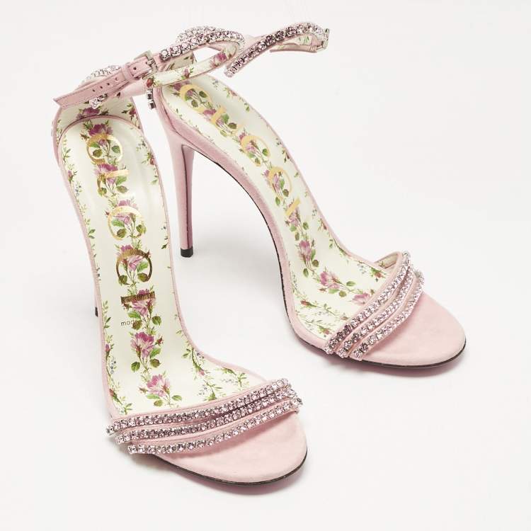 Pre Owned Gucci Pink Suede Crystal Embellished Ankle Strap Sandals Size 39