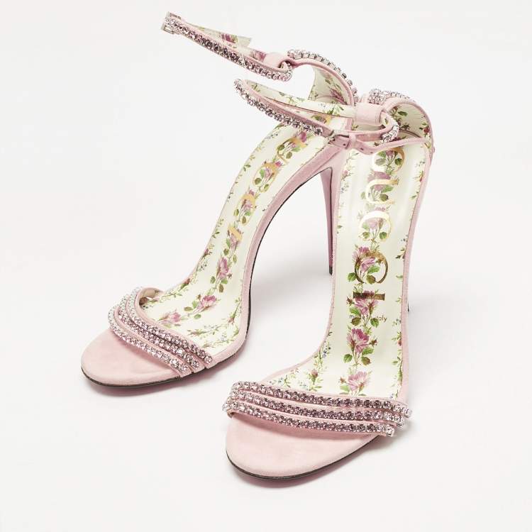Pre Owned Gucci Pink Suede Crystal Embellished Ankle Strap Sandals Size 39