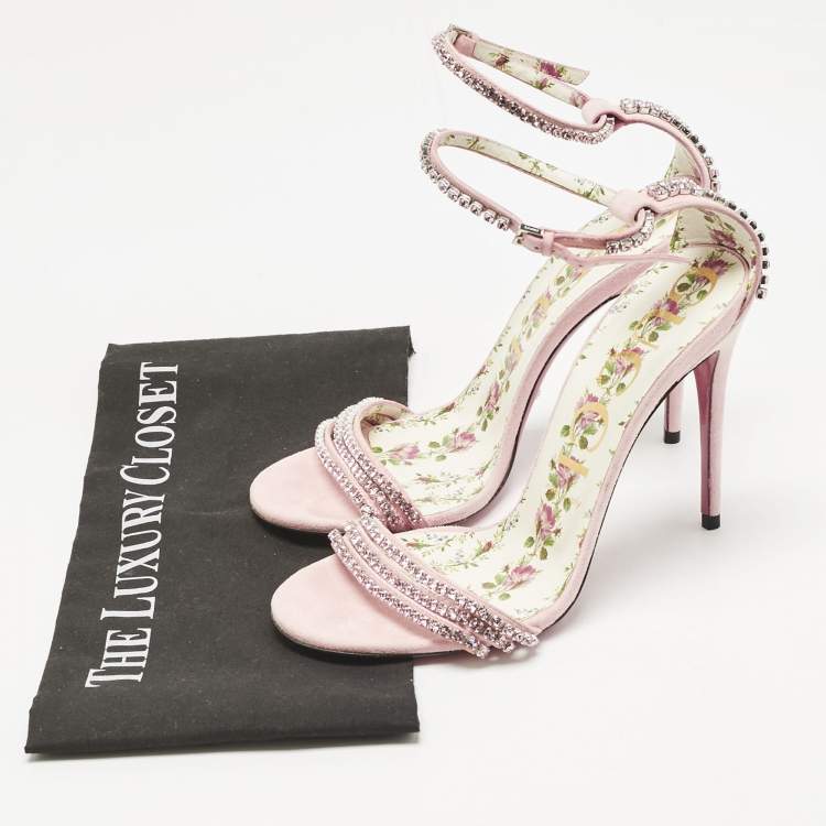 Pre Owned Gucci Pink Suede Crystal Embellished Ankle Strap Sandals Size 39