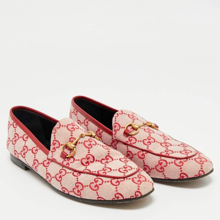 Pre Owned Gucci Red/Pink GG Canvas and Leather Jordaan Horsebit Loafers Size 38.5
