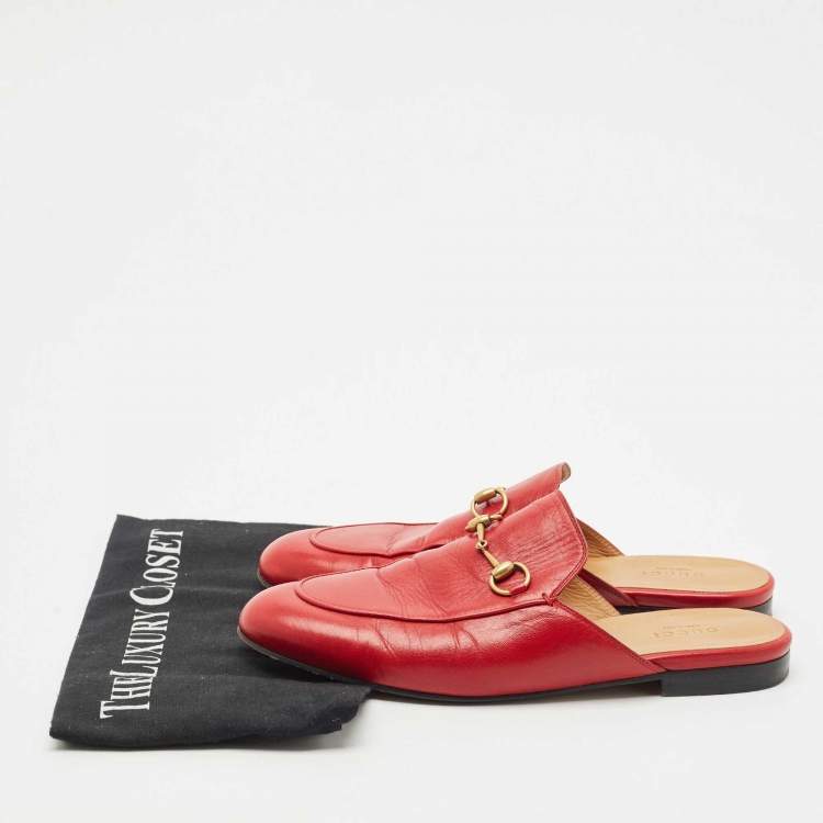 Pre Owned Gucci Red Leather Princetown Mules Size 38.5