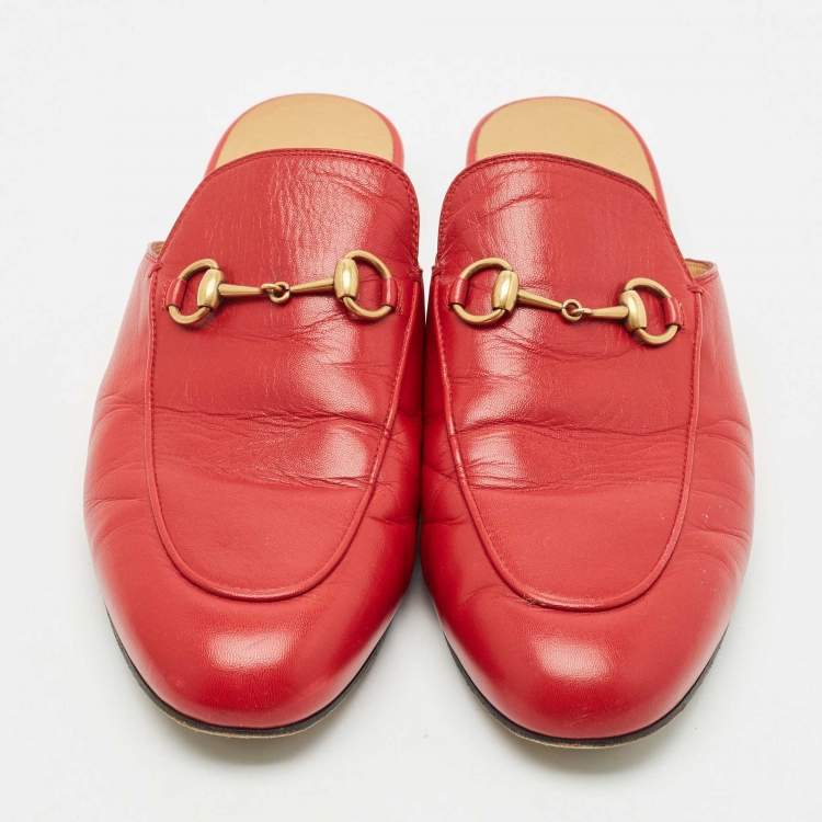 Pre Owned Gucci Red Leather Princetown Mules Size 38.5