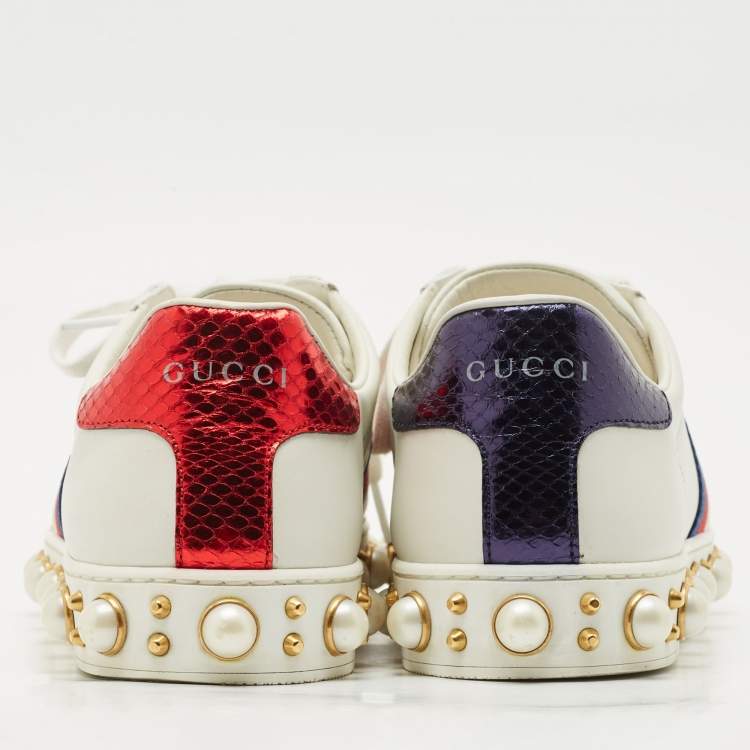 Pre Owned Gucci White Leather Pearl Studded Ace Sneakers Size 37
