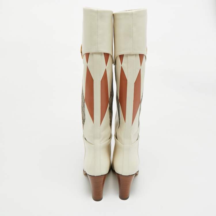 Pre Owned Gucci Multicolor Leather and GG Supreme Canvas Knee Length Boots Size 38.5