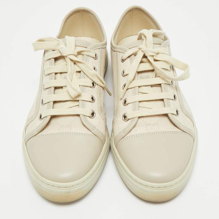 Pre Owned Gucci Grey GG Canvas and Leather Lace Up Sneakers Size 37.5