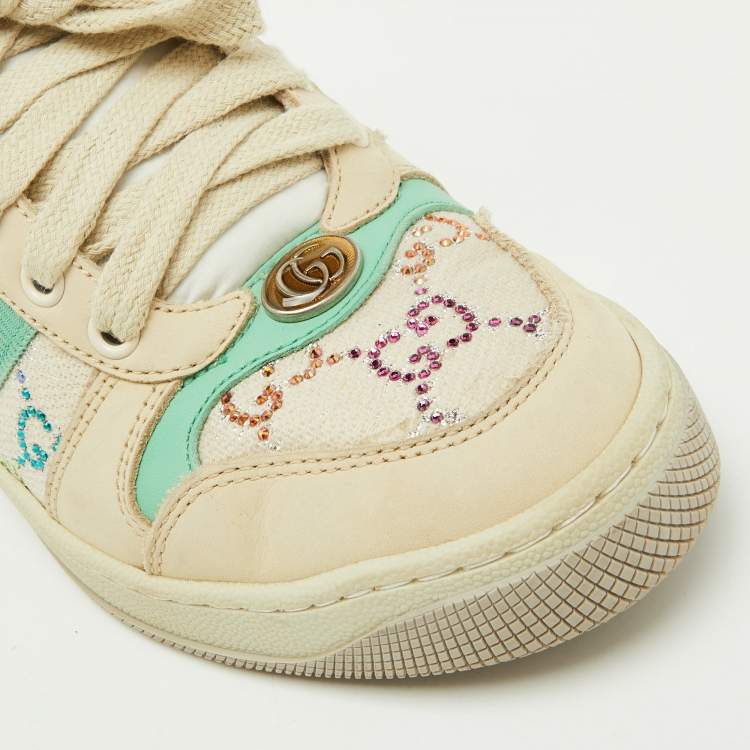 Pre Owned Gucci Multicolor Nubuck Leather and Crystal GG Canvas Screener Sneakers Size 36