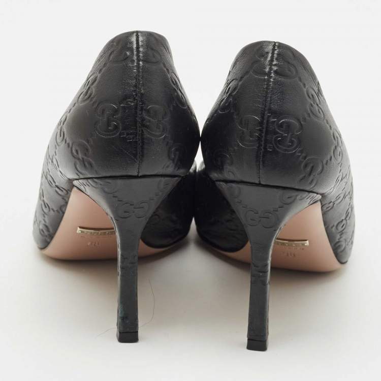 Pre Owned Gucci Black Leather New Hollywood Horsebit Peep Toe Pumps Size 38