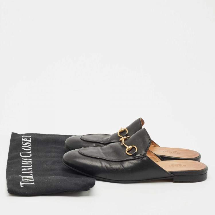 Pre Owned Gucci Black Leather Princetown Horsebit Flat Mules Size 36.5