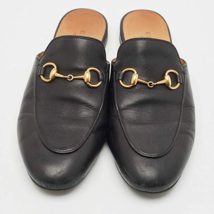 Pre Owned Gucci Black Leather Princetown Horsebit Flat Mules Size 36.5