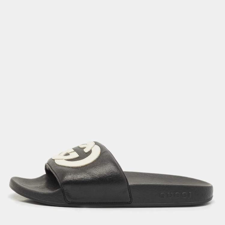 Pre Owned Gucci Black Rubber GG Logo Pool Slides Size 38