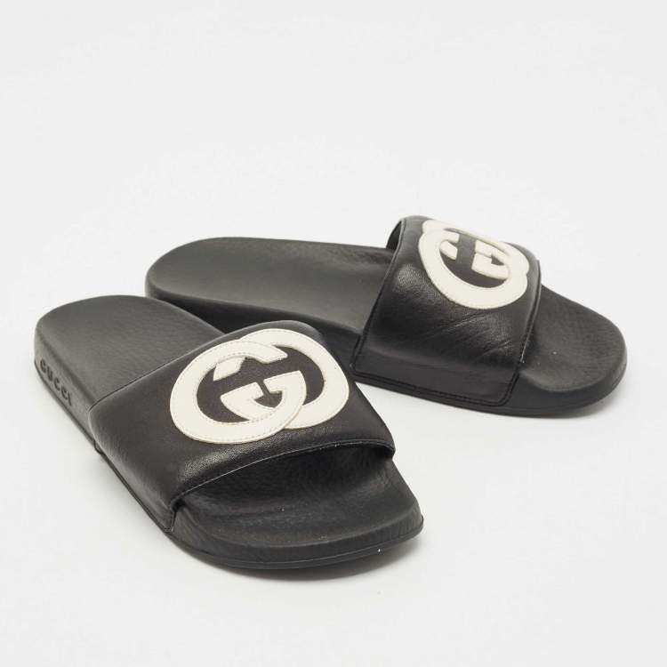 Pre Owned Gucci Black Rubber GG Logo Pool Slides Size 38