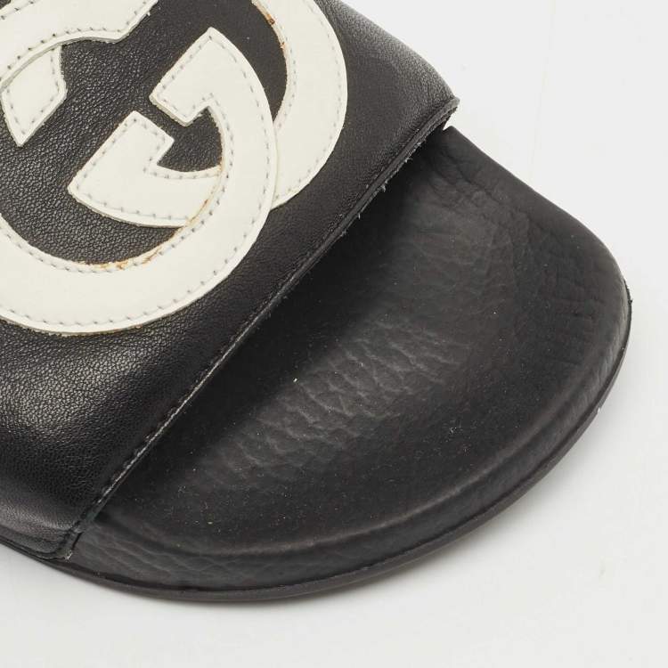 Pre Owned Gucci Black Rubber GG Logo Pool Slides Size 38