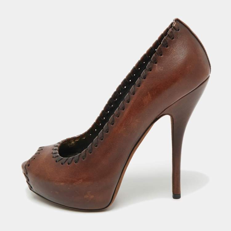 Pre Owned Gucci Brown Leather Platform Peep Toe Pumps Size 36