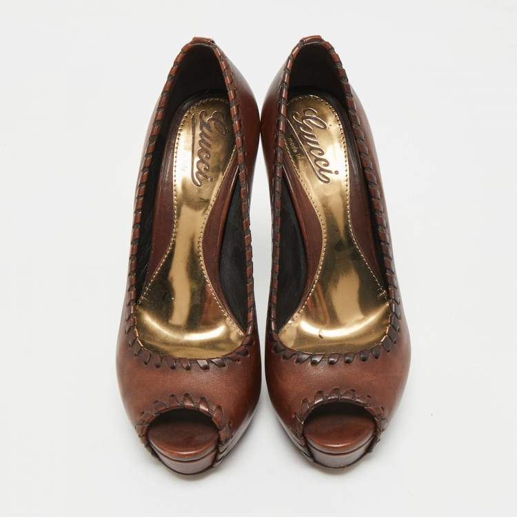 Pre Owned Gucci Brown Leather Platform Peep Toe Pumps Size 36
