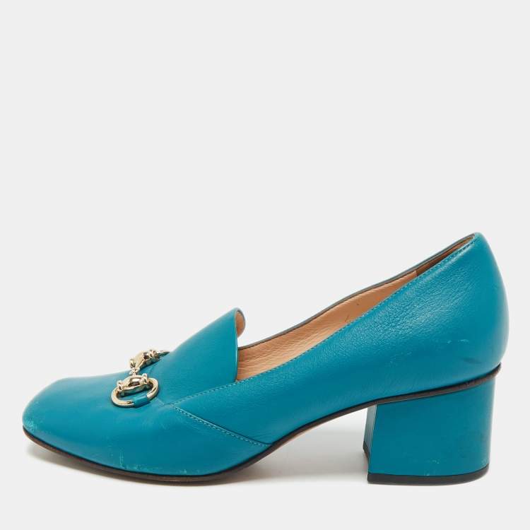 Pre Owned Gucci Blue Leather Horsebit Loafer Pumps Size 36