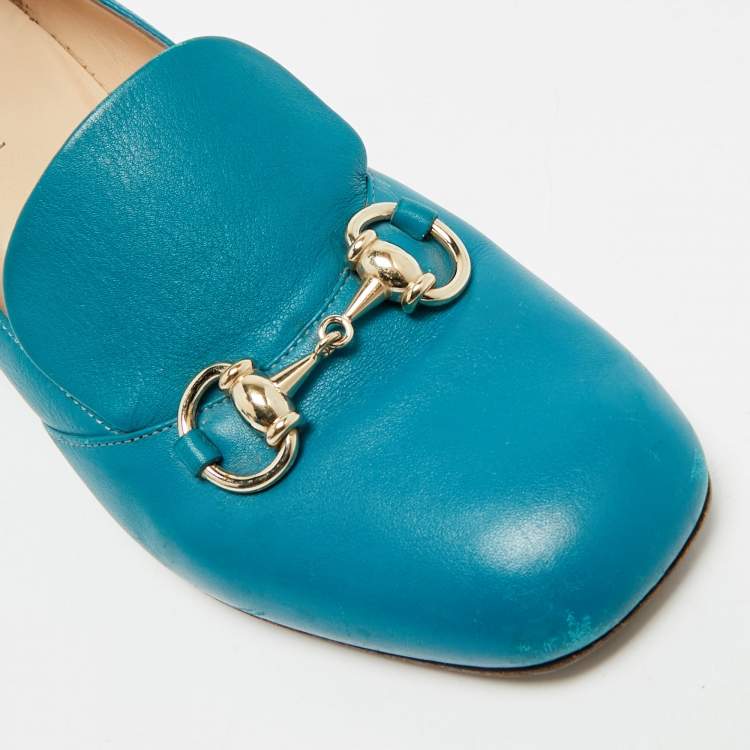 Pre Owned Gucci Blue Leather Horsebit Loafer Pumps Size 36