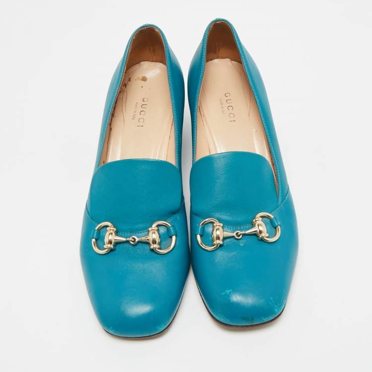 Pre Owned Gucci Blue Leather Horsebit Loafer Pumps Size 36