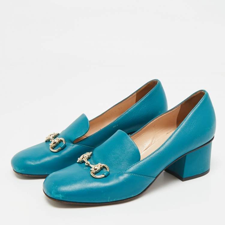 Pre Owned Gucci Blue Leather Horsebit Loafer Pumps Size 36
