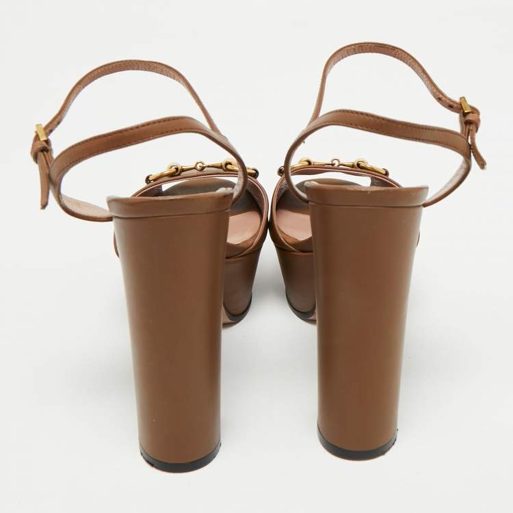 Pre Owned Gucci Brown Leather Claudie Ankle Strap Platform Sandals Size 35.5