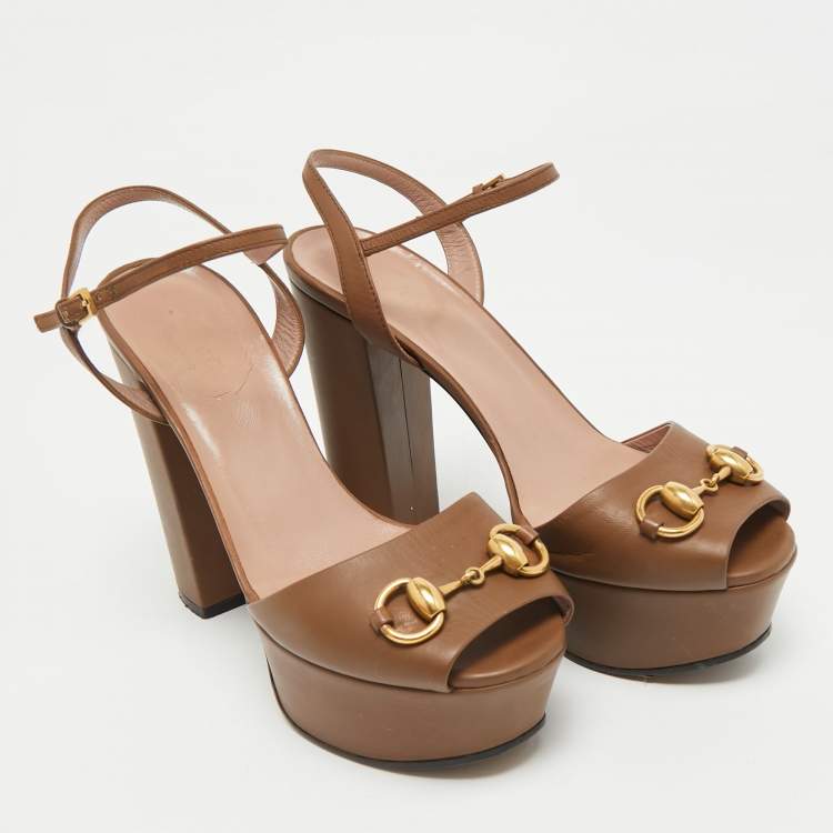 Pre Owned Gucci Brown Leather Claudie Ankle Strap Platform Sandals Size 35.5