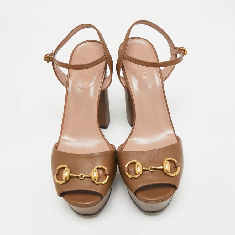 Pre Owned Gucci Brown Leather Claudie Ankle Strap Platform Sandals Size 35.5