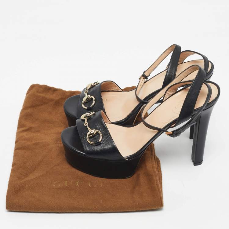 مملوكة مسبقًا Gucci Black Patent Leather Horsebit Platform Ankle Strap Sandals Size 38