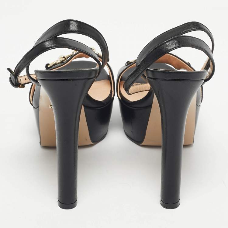 مملوكة مسبقًا Gucci Black Patent Leather Horsebit Platform Ankle Strap Sandals Size 38