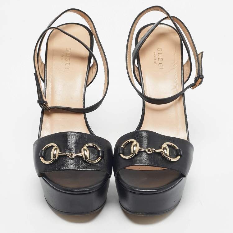 مملوكة مسبقًا Gucci Black Patent Leather Horsebit Platform Ankle Strap Sandals Size 38