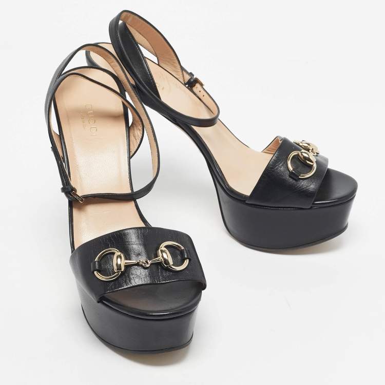 مملوكة مسبقًا Gucci Black Patent Leather Horsebit Platform Ankle Strap Sandals Size 38
