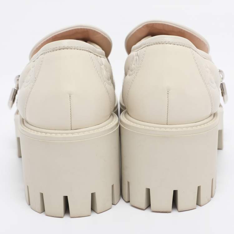 Pre Owned Gucci White Matelasse Leather Buckled Platform Loafers Size 38.5