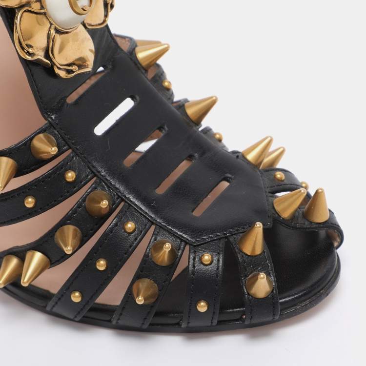 Pre Owned Gucci Black Leather Kendall Studded Sandals Size 38
