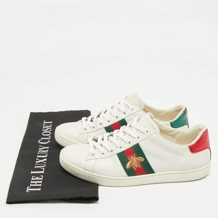 مملوكة مسبقًا Gucci White Leather and Snakeskin Embossed Ace Lace Up Sneakers Size 36