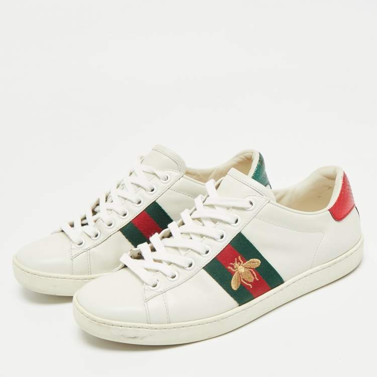 مملوكة مسبقًا Gucci White Leather and Snakeskin Embossed Ace Lace Up Sneakers Size 36