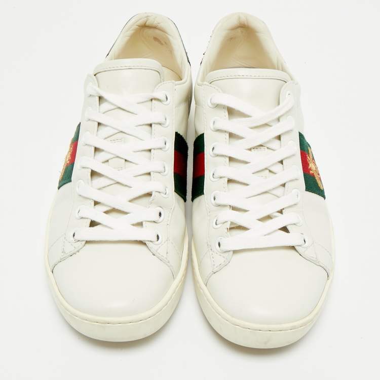 مملوكة مسبقًا Gucci White Leather and Snakeskin Embossed Ace Lace Up Sneakers Size 36
