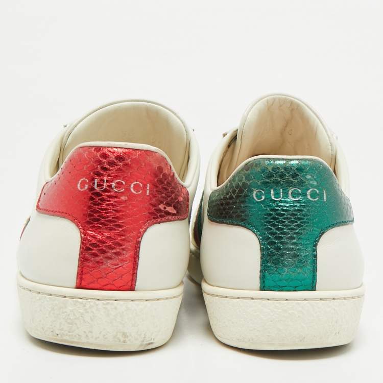 مملوكة مسبقًا Gucci White Leather and Snakeskin Embossed Ace Lace Up Sneakers Size 36