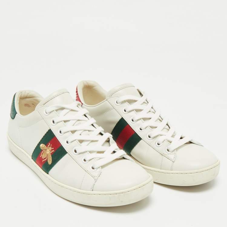 مملوكة مسبقًا Gucci White Leather and Snakeskin Embossed Ace Lace Up Sneakers Size 36