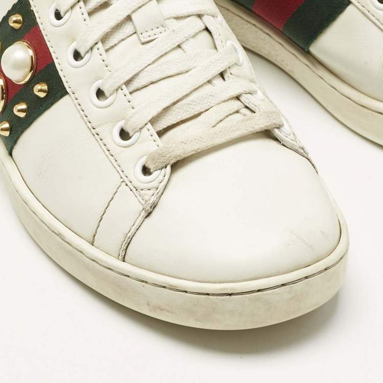Pre Owned Gucci White Leather Web Detail New Ace Faux Pearl Embellished Low Top Sneakers Size 36