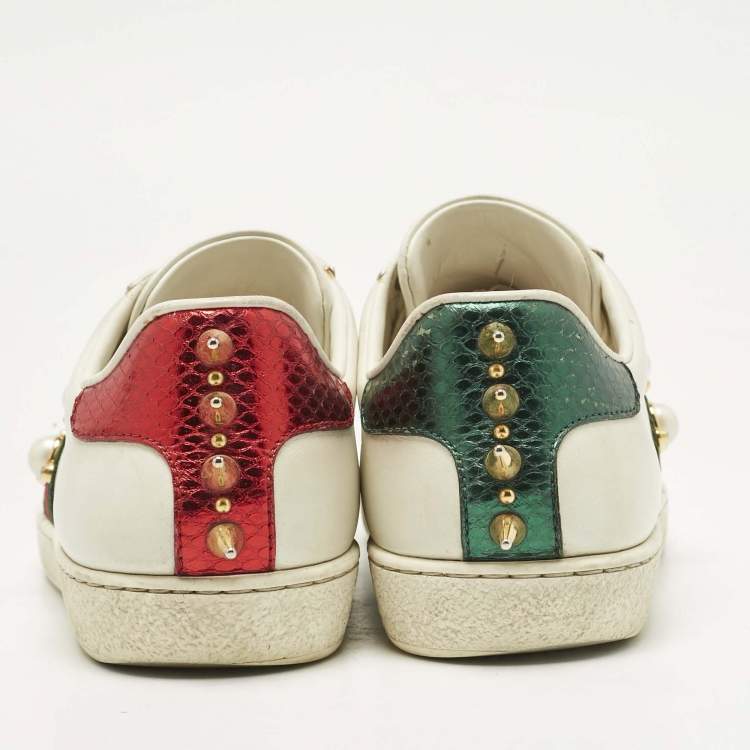 Pre Owned Gucci White Leather Web Detail New Ace Faux Pearl Embellished Low Top Sneakers Size 36
