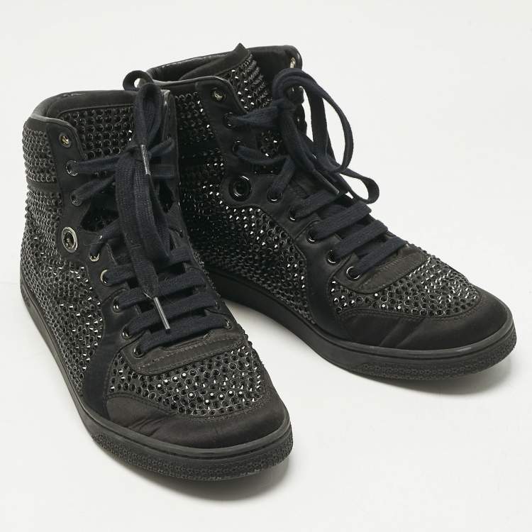 Pre Owned Gucci Black Satin Crystal Embellished Coda High Top Sneakers Size 39