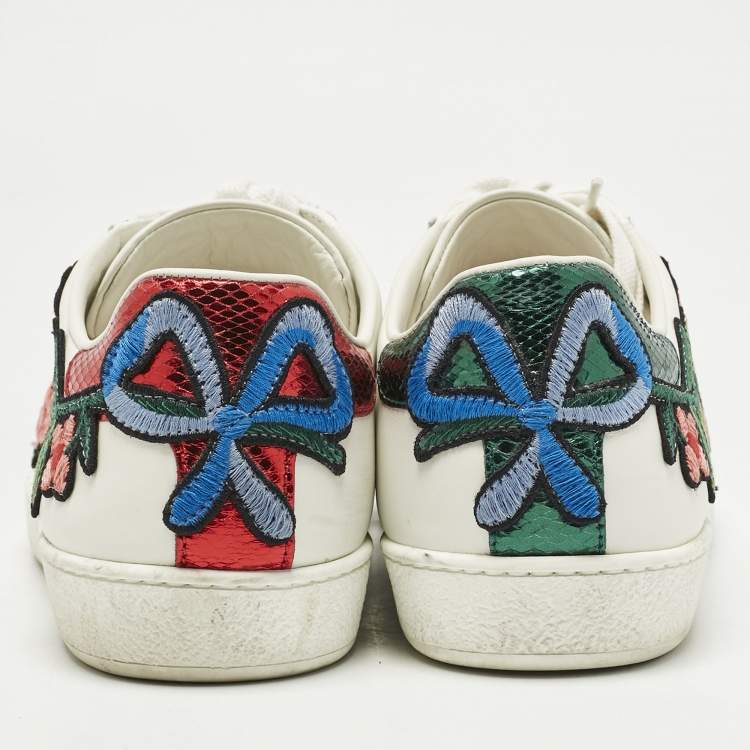 Pre Owned Gucci White Leather Floral Embroidered Ace Sneakers Size 38.5