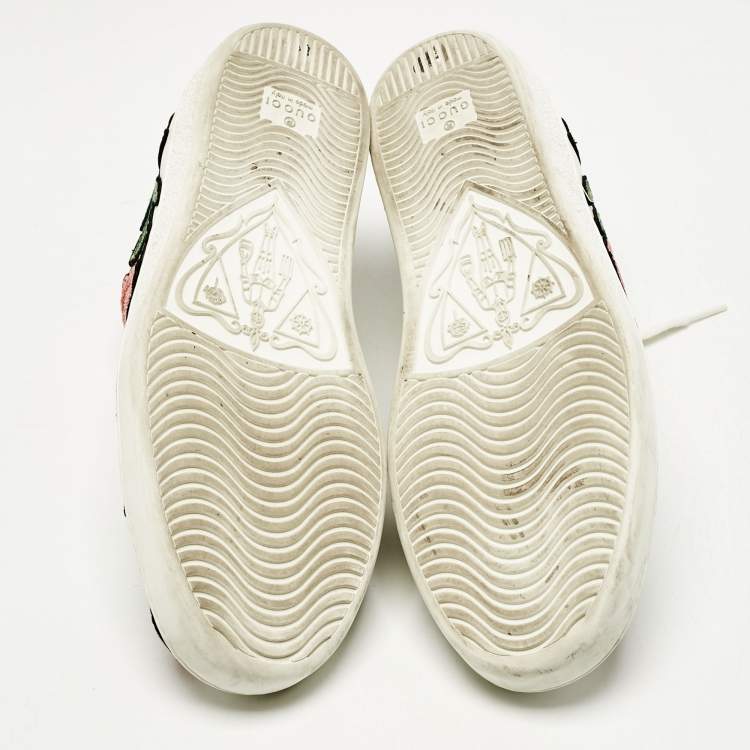 Pre Owned Gucci White Leather Floral Embroidered Ace Sneakers Size 38.5