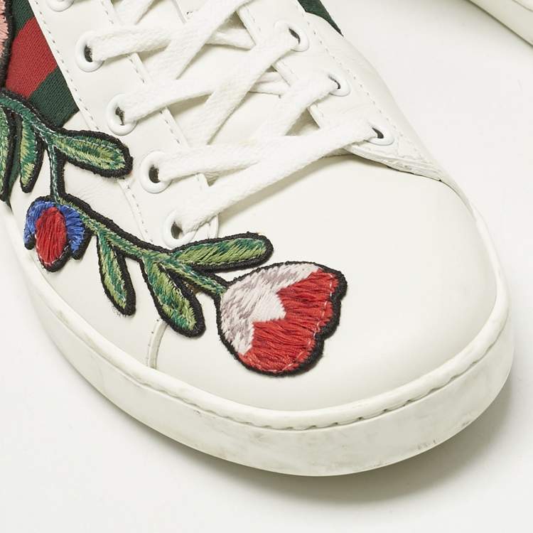 Pre Owned Gucci White Leather Floral Embroidered Ace Sneakers Size 38.5